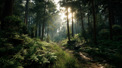 Obraz premium Sunlight filtering through trees illuminates a lush forest path on a quiet morning in nature