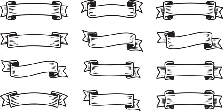 Vintage ribbon banner vector set blank scroll design elements, hand-drawn scrolls, retro decorative label and frame