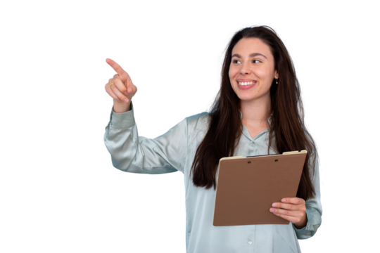 Smiling professional pointing forward, clipboard in hand, standing against transparent backdrop - Powered by Adobe