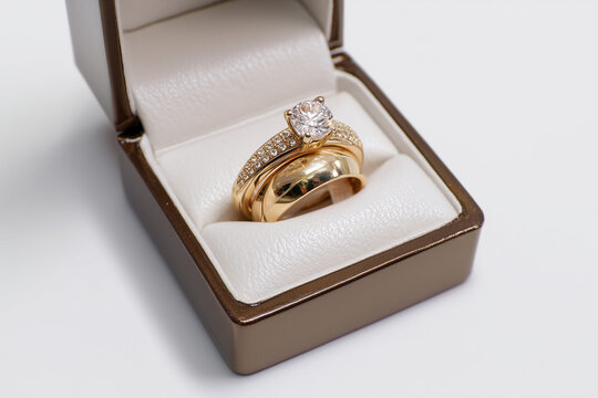 Elegant gold wedding and engagement rings in display box ready for a special proposal moment