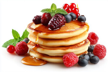 Delicious stack of pancakes topped with fresh berries and syrup on white background