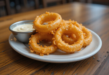 Crispy onion rings served with tangy dipping sauce at a rustic diner