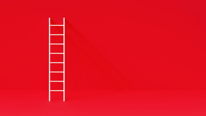 White step ladder over red wall. Ladder to success. White ladder leaning against the red wall, front view. Concept of ladder to inspiration, leadership and business achievement.