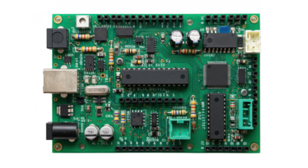 A close up view of a green circuit board with various components and connectors visible clearly