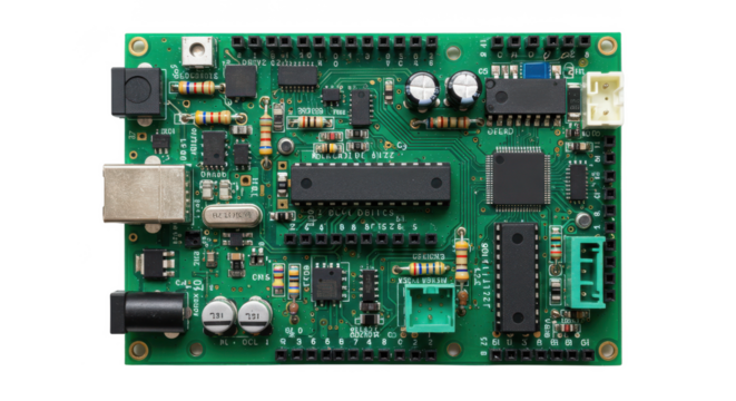 A close up view of a green circuit board with various components and connectors visible clearly