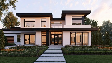 Obraz premium Modern architectural home design suburban neighborhood real estate photography daylight front view contemporary living
