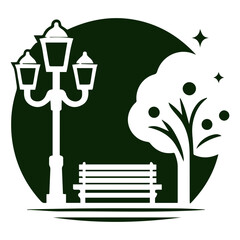 Illustrated street light artwork featuring beautiful bench, tree, and details