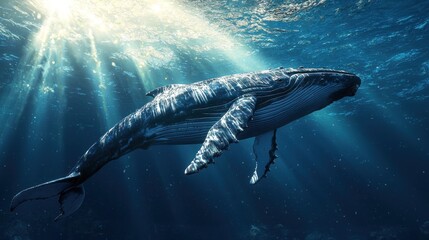 Naklejka premium Majestic Humpback Whale Gracefully Swimming in Sunlit Ocean Depths