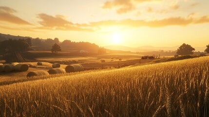 Obraz premium Golden Wheat Field Sunset Rural Landscape Serene Summer Farm Hay Bales Countryside Idyllic Peaceful Tranquil Nature Scenery Agricultural Harvest 