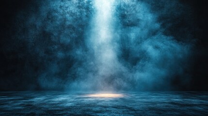 Moody Blue Studio Backdrop: Dark Atmospheric Stage with Light Beam and Smoke
