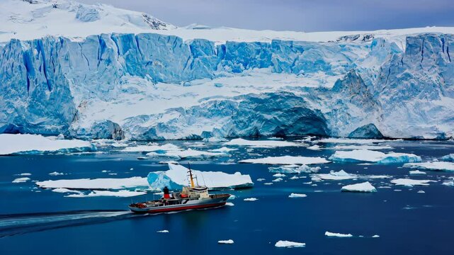 Ship navigates icy waters before a colossal glacier, cutting through brash ice in a vivid polar landscape.