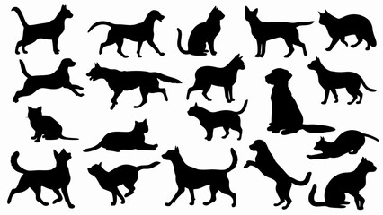 set of cat and dog silhouette vector on white background