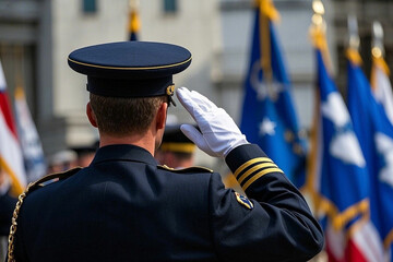 Obraz premium Military Personnel Saluting Before American Flag in Patriotic Ceremony