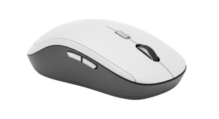 A close up shot of a white and gray computer mouse on a black background in a studio setting