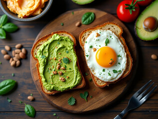 Healthy avocado toasts for breakfast with rye bread, avocado puree toast and fried eggs on wooden table
