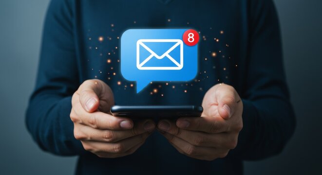 Close-up of a person holding a smartphone with a holographic email notification icon floating above it, displaying an unread message count of eight.
