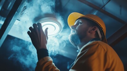 Electrician installing smoke detector. Featuring electrical work and safety installation
