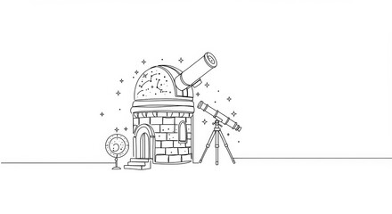 Naklejka premium Minimalist line art of a celestial observatory with telescope and mystical symbols