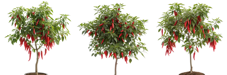 Set of Red hot chilli peppers tree isolated on a transparent background 