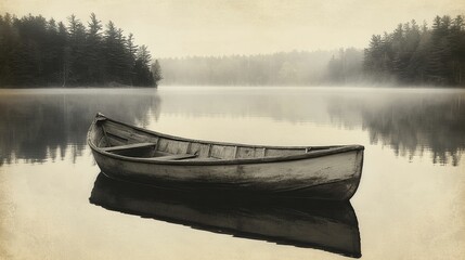 Misty morning stillness on a tranquil lake, featuring a weathered wooden canoe.