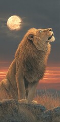 Fototapeta premium a lion standing atop a hill, looking up at the night sky illuminated by a full moon The lion is surrounded by lush green grass and the sky is filled with stars