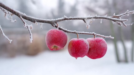 Close up of three vibrant red apples on a frost covered branch amidst a serene winter landscape