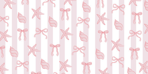 Coquette summer seamless pattern with pink bows, shells, and starfish for backgrounds, presentations, wrapping papers, prints, artworks. Vector illustration