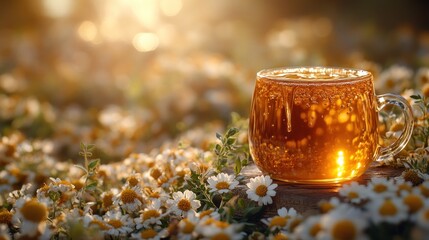 Golden Honey in a Glass Mug Surrounded by Daisies at Sunset