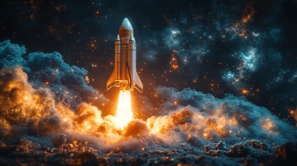 Rocket launches into space at night, illuminating the clouds with flames and bright colors