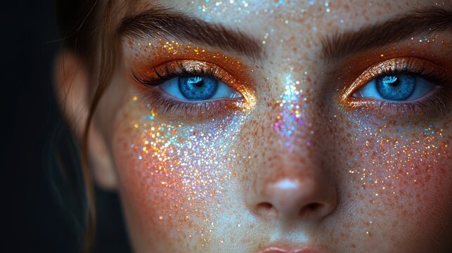 Portrait of a young woman showcasing vibrant makeup with sparkles on her face highlighting her blue eyes and freckles