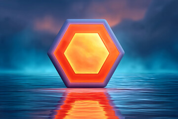 Glowing hexagonal portal reflecting on dark water . Generative AI