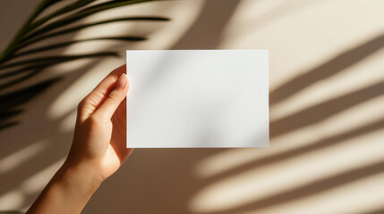 Fototapeta premium Mockup with Palm Leaf Shadow: A hand gently holds a blank white card against a warm backdrop of a palm leaf casting an abstract shadow. Minimalism meets nature in this clean and versatile mockup.