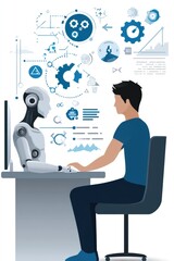 Robotic process automation (RPA) leverages AI to improve operational productivity. An individual uses a computer with advanced automation tools, optimizing workflows via digital innovation and strate