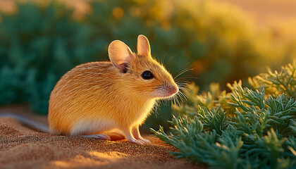 Fototapeta premium Golden desert rodent basking in warm sunset light, amidst desert flora . Generative AI