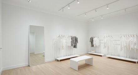 A bright clothing boutique showcasing minimalist fashion in a spacious showroom