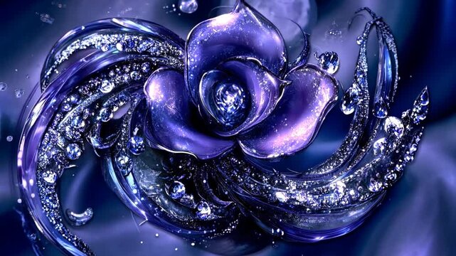 A mesmerizing purple rose with sparkling jewels and cosmic elements in a mystical background