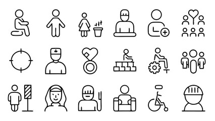 Inclusive and clear outline icons representing disability support healthcare access assistive tools and social inclusion efforts