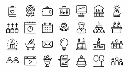 This curated set of event planning outline icons offers a clean design style suitable for planners, designers, and businesses creating visuals for organized gatherings
