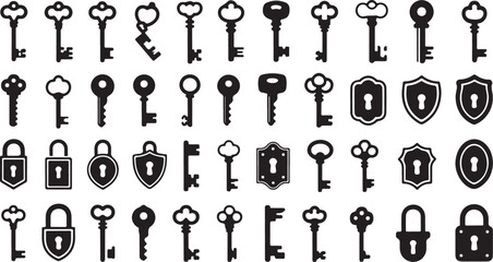Vintage key and padlock vector set antique keys, classic locks, security icons, black silhouette collection for design and decoration
