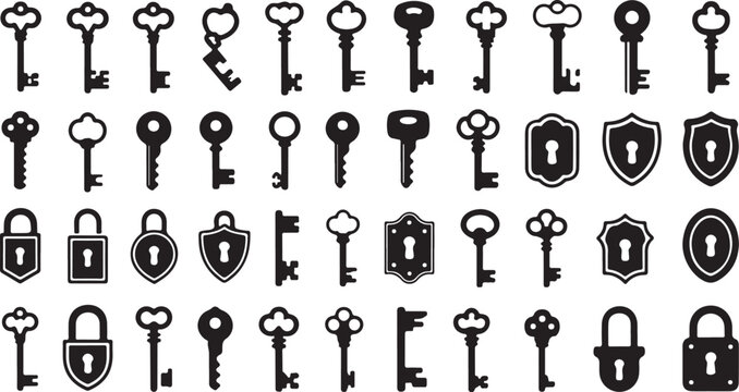 Vintage key and padlock vector set antique keys, classic locks, security icons, black silhouette collection for design and decoration