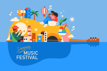Summer music festival modern poster design in trendy geometrical style. Template for cards, banner and background