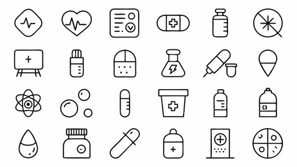 Professional Pharmaceutical Icons in a Linear Outline Style Ideal for Healthcare Apps Medical Websites and Pharmacy Related Projects