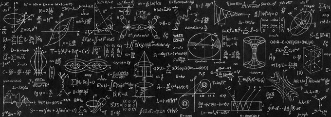 Wide board with scientific formulas and calculations in physics and mathematics. Scientific and educational background.