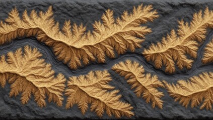  a topographic map of a mountain range with a black background and a gold leaf pattern The map is detailed and shows the terrain of the mountain range, with the gol