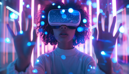 Student using VR headset & AI technology in smart classroom. Artificial intelligence, machine learning, virtual reality in education. Interactive learning, innovation, digital tools, futuristic school