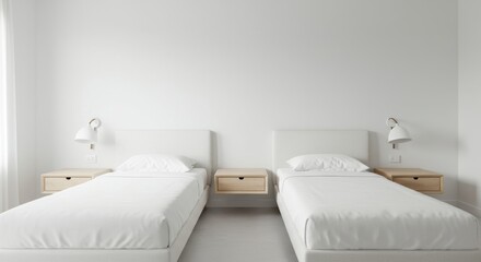 Serene twin bedroom with minimalist design and clean white aesthetic evoking tranquility