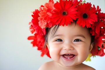 Happy asian infant girl wearing red flower circlet on her head. Sunny daylight. Happy summertime symbol. Smiling child in the sunshine. Happy girl playing in the sun. Sunlit happiness for kid.