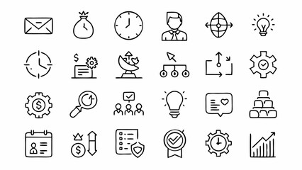 Elegant and functional line icons related to productivity tools time management apps business planning and workplace software with a minimalist aesthetic