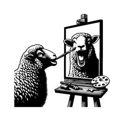 Sheep or Goat as Artist Painting on Canvas with Mouth Expressing Creativity