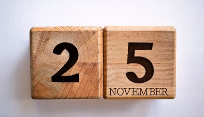 Minimalist photo of wooden blocks with date 25 November. Day and month, calendar on white background